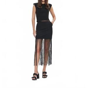 NEW THEO THE LABEL atlas fringe layered mini skirt in black